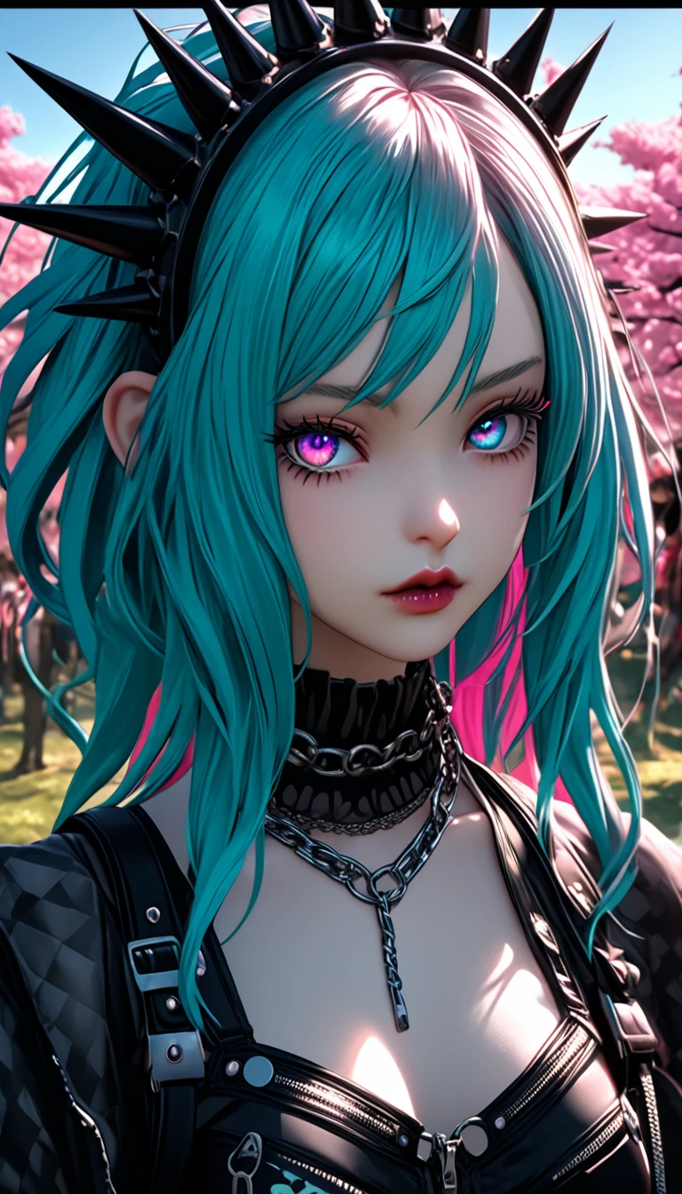 (Perfect Masterpiece, Highly Detailed CG UNITY 32K UHD Quality Resolution Wallpaper, Photorealistic, RAW Photo, Perfect Photogenic Clarity, Official Art, Award Winning Portrait, Super Super Realistic, Super Super Detailed , realistic shiny skin, ray tracing, glowing ambient light), anime, anime girl, Hatsune Miku (gothic hairstyle, colorful hair: 1.3), vivid moonlight eyes, long detailed eyelashes, spiky pink lips, beautiful eyes, (detailed gothic makeup: 1.2), (highly detailed Harajuku style gothic punk bikini with lots of straps, zippers, buckles and chains: 1.3), lots of tattoos and piercings, above the knee , leaning forward, close-up POV camera view from above, bright cherry blossom trees