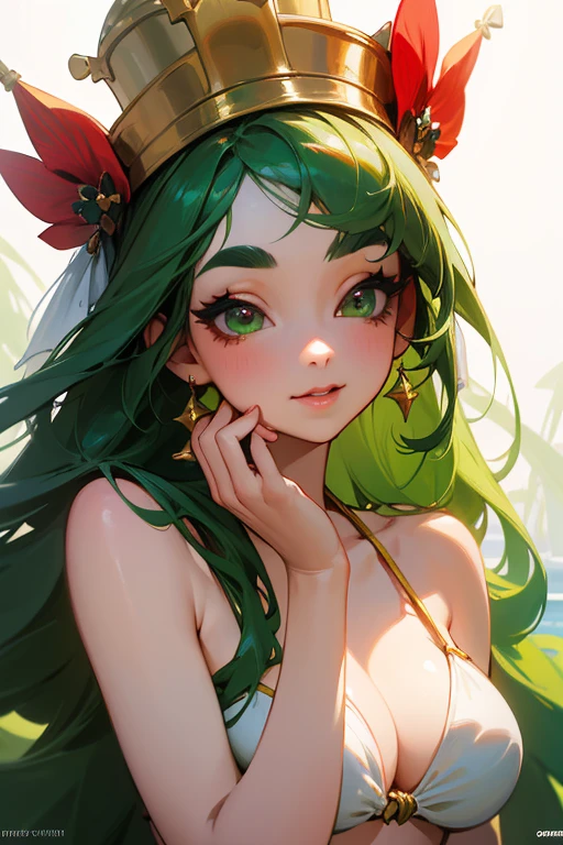 (Highest quality, masterpiece:1.2), High resolution, Very detailed, Realistic:1.37, Fantasy, An illustration, Green Eyes、Queen, Red and green swimsuit、Platinum decoration、beautifully、Eyeshadow Red、Thick eyebrows、Long eyelashes、pupils are black、Her hair is dark green、Gold crown、Kissing Face、Embarrassing、Beloved by the crowd、Hair is green、Braiding、hair ornaments、Laugh gently、Close one eye、Wink、Wink、From the waist up、(White Bikini).