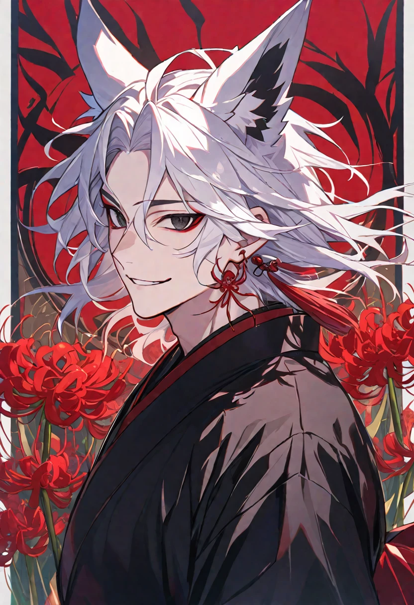 Solo, 1 male, white hair, black eyes, black kimono, fox ears, smile facial, red spider lily, higanbana, red tassel earrings
