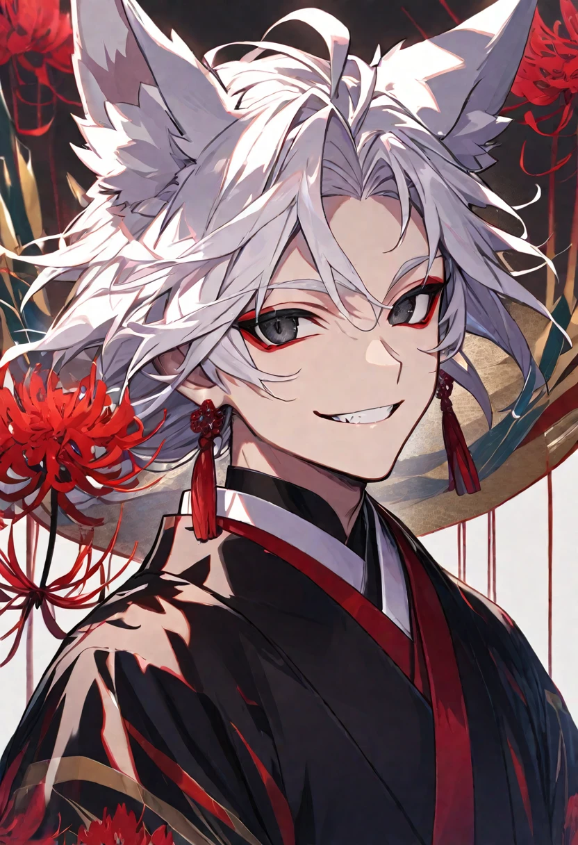 Solo, 1 male, white hair, black eyes, black kimono, fox ears, smile facial, red spider lily, higanbana, red tassel earrings