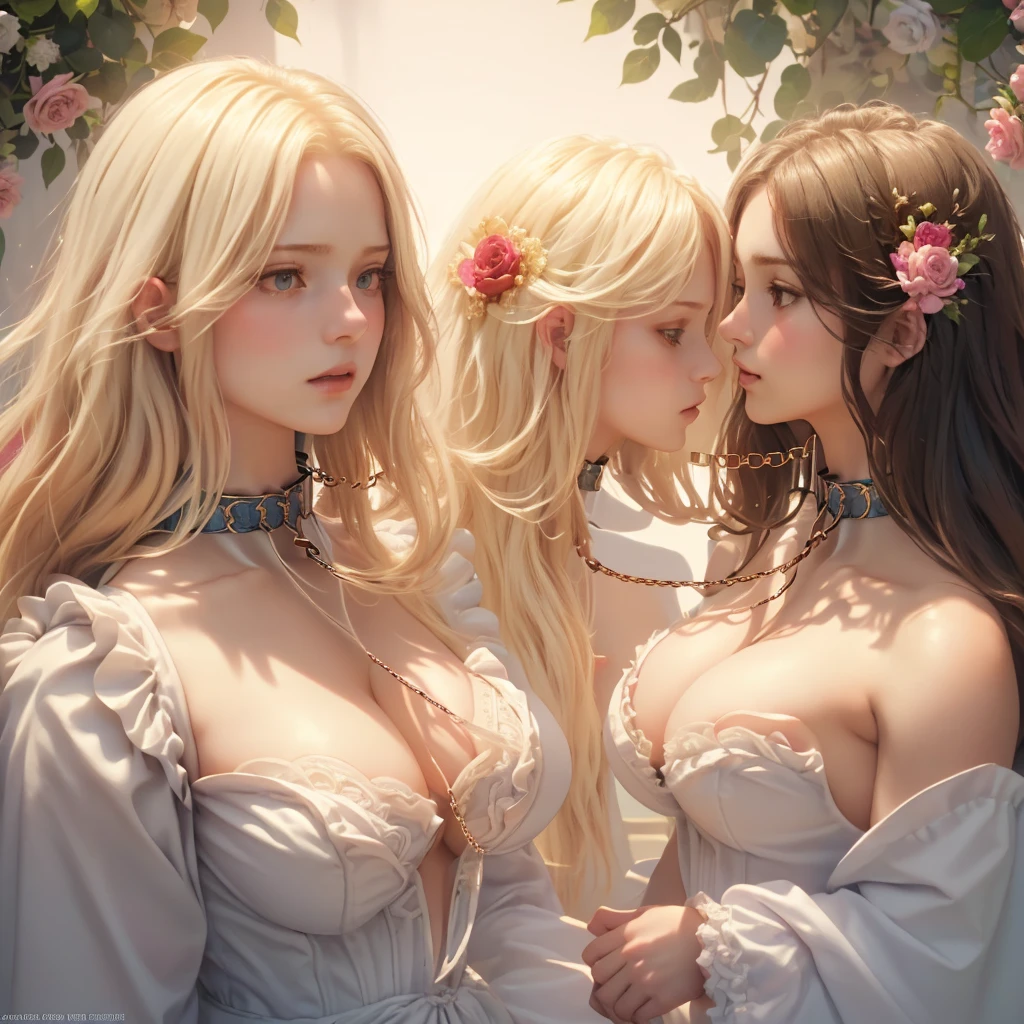 2girls,pov, women, seductive stare, ((((linked collar, collar linked together by a chain, collars linked by chain, linked together with chain)))), ((18 yo, detailed face, feminine skin)) , fit , (young) , beautiful , (((pale skin, wavy blonde hair))), dreamy, loving stare, bright magical fairytale fantasy atmosphere, sexy, flowers in hair, surrounded by flowers, happy, playful, ((big soft heavy breasts, busty cleavage, maid, huge tits)), in love, magical mist energy, hair flower, blush, pretty, elegant, cute, youthful, , teen, choker, collar, ((huge hanging boobs)), (((Baroque court dress, fantasy, aesthetic of softness and gentleness and innocence and fertility, ruby necklace)))