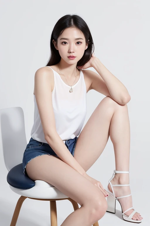 woman, look at viewer, oval face shape, portrait, white sleeveless and blue short pant, high heel, white background, simple background, sit on a white chair, full body shot, fashion, photo