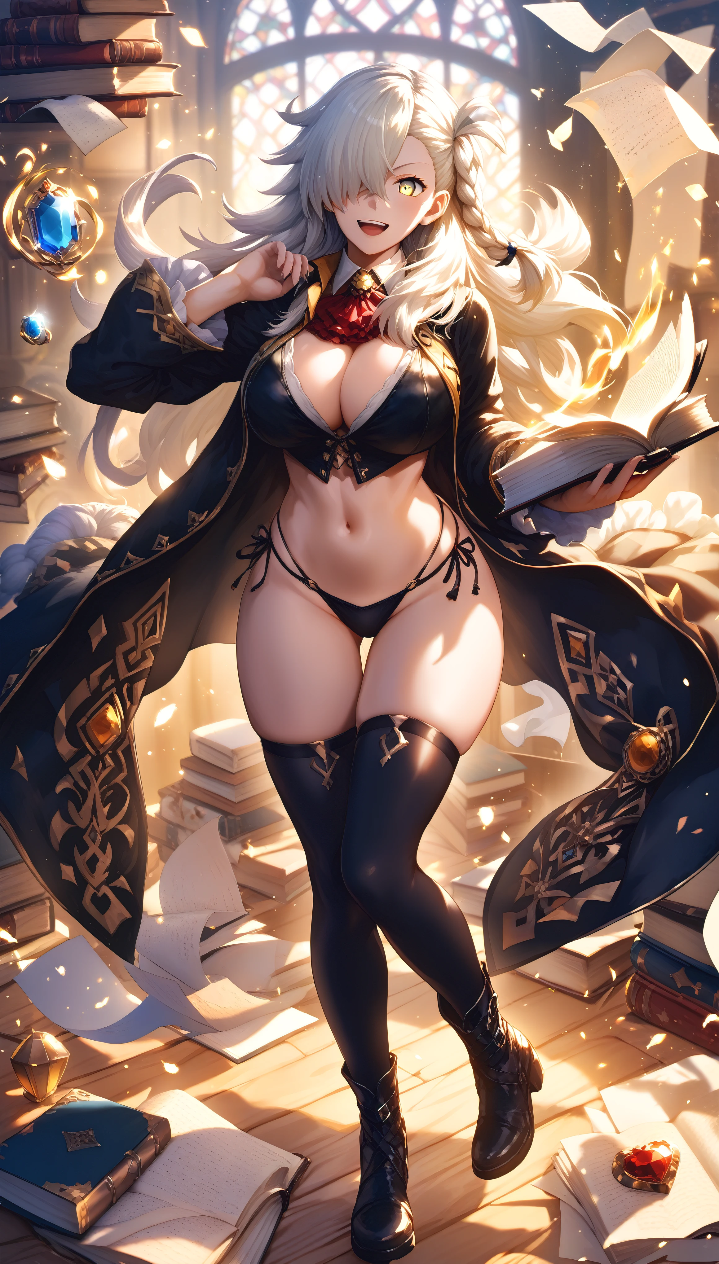(hero neisan art style:0.7), score_9, score_8_up, score_7_up, score_6_up, uncensored, olgamarie, yellow eyes, white hair, long hair, side braid, BREAK (masterpiece:1.2), best quality, high resolution, (detailed eyes:1.3), perfect lighting, (perfect hands, perfect anatomy), 1girl, solo, breasts, looking at viewer, large breasts, huge breasts, full body, thighs, boots, groin, book, thigh gap, gem, floating, wide hips, open book, magic, floating object, bare hips, messy room, paper, spotlight, (fantasy illustration:1.3), depth of field, cropped hoodie, black bikini, long sleeves, floating book, hollow eyes, smirk, upper teeth, shaded face,