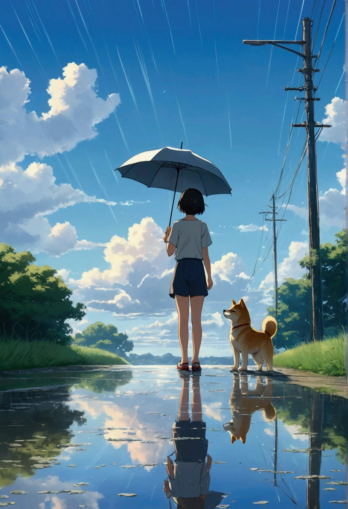 Makoto Shinkai Taste, Beautiful sky, rainy season, It's drizzling,Reflection of light,Umbrella,Shiba Inu Puppy, Girl with shoes,Romantic Landscape, Healing scenes,hope, Summer Morning,Makoto Shinkai Taste,Detailed Description,