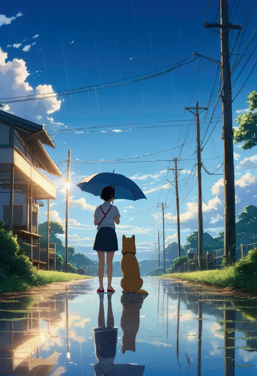 Makoto Shinkai Taste, Beautiful sky, rainy season, It's drizzling,Reflection of light,Umbrella,Shiba Inu Puppy, Girl with shoes,Romantic Landscape, Healing scenes,hope, Summer Morning,Makoto Shinkai Taste,Detailed Description,