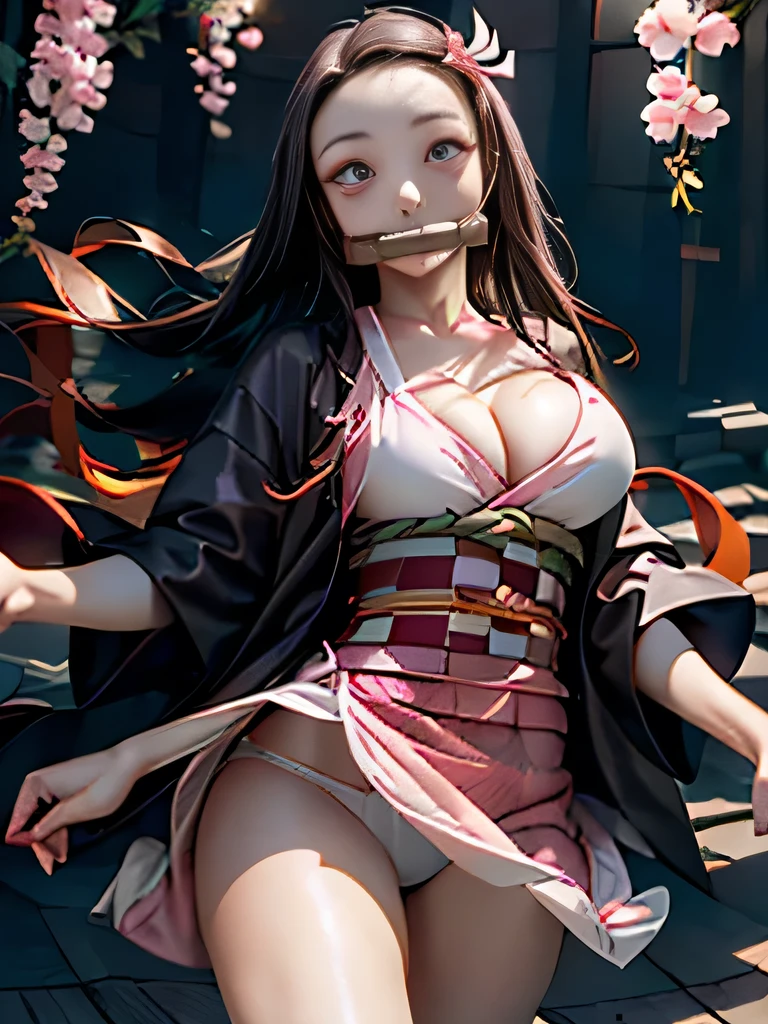 (masterpiece, Highest quality:1.2), One girl, alone,Are standing_Split, masterpiece, (Pink kimono),Conceit, Good lighting, Low Cut, Fine details, masterpiece, Glowing Eyes, One girl, Black Hair, (Big Breasts),Showing cleavage、gag, Bamboo muzzle, Nezuko Kamado, Wisteria Background, masterpiece, Highest quality, throw, whole body, Wide Hips, panties
