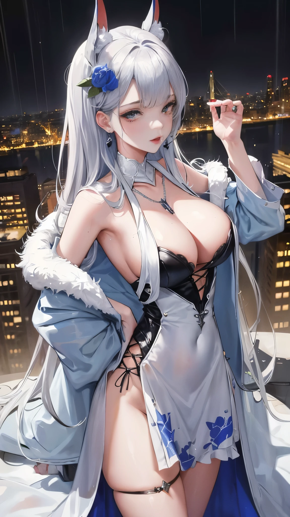 (NSFW), St. Louis (Luxury Wheels) (Azur Lane), Luscious Hair Ornaments, Portrait Style, Silver Dress that Grazes the Floor, Revealing Clothing that Highlights the Figure, Dazzling Necklace, Blue Claws Earrings, Cityscape Backdrop Under the Cover of Night, Rain showers Wetting the City, Masterpiece: 1.4, Highest Quality: 1.4, Realistic and Highly Detailed, Fashionable Girl Who Compensates with Confidence, Red Lips that Pop under the Low Light, Gazing into the Eyes of Viewers Alone, Shining 8" Ear