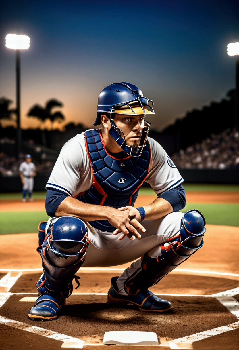 (Baseball Player), The baseball catcher crouches behind home plate, communicating with the pitcher through gestures and eye contact, directing the pace of the game against the backdrop of a bustling baseball field, full body, award-winning, cinematic still, emotional, vignette, dynamic, vivid, (masterpiece, best quality, Professional, perfect composition, very aesthetic, absurdres, ultra-detailed, intricate details:1.3)