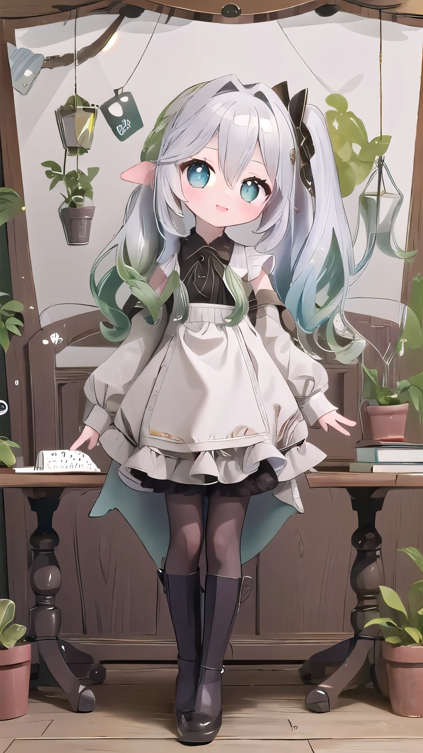 (best quality),(masterpiece),Dynamic Angle,(Extremely detailed illustrations),(Extremely detailed CG unity 8k wallpaper),Astonishing,Depth of Field,(Very detailed),((Extremely delicate and beautiful)),((1 Girl)),((Extremely detailed eyes and face)),Nahidadev,Bangs,  Black Legwear, blue eyes, blush, Book, Book stack, Bookshelf, cactus, Chair, Shut up, Cross your legs, cup, curtain, table, Eyebrows visible through hair, foot, flower, flower pot, Hair between the eyes, indoors, Long hair, Long sleeve, Looking at the audience, No shoes, on Chair, Pantyhose, picture \(Purpose\), picture frame, plant, potted plant, shirt, sit, skirt, Smile, Solitary, table, thighband Pantyhose, flower瓶, white shirt, window, wooden tablebest quality，（Kawaii：1.1），（charming），（high resolution：1.2），Incredibly ridiculous resources：1.3，Incredibly beautiful illustrations，Charming woman ，Maid costume