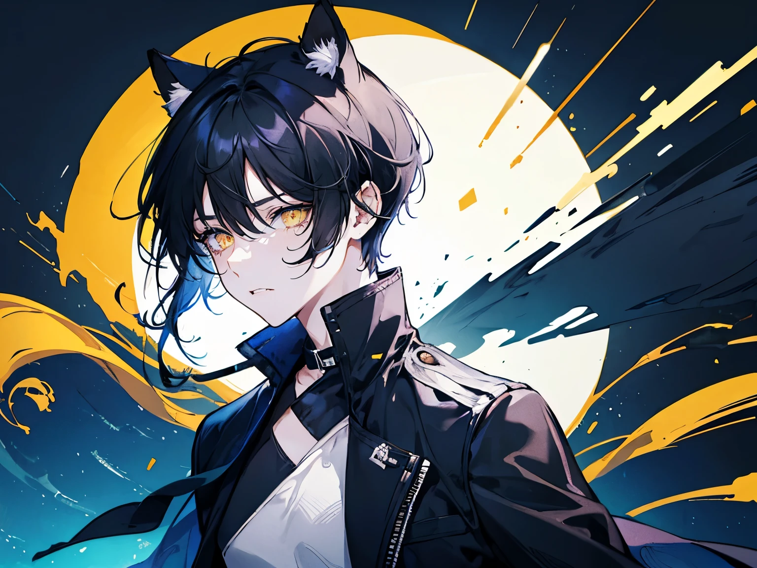 a boy, gradient_eyes, yellow eyes, upturned eyes, slit pupils, eyepatch, dark blue hair, short hair, side swept bangs, wearing a white tee shirt and a black jean, a red coat, cat ears, cat tail, sad, tears are rolling on is cheeks, crying under the sea, weet clothes and hair, high details, high quality, best quality, highres