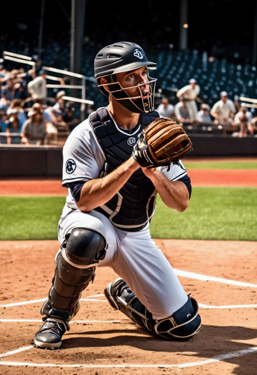 (Baseball Player), The baseball first baseman stands next to first base, his gloves firmly placed on his chest, and his focused gaze ready to react at any time. The background is the baseball field, focusing on their focused expressions and posture ready to receive the ball, full body, award-winning, cinematic still, emotional, vignette, dynamic, vivid, (masterpiece, best quality, Professional, perfect composition, very aesthetic, absurdres, ultra-detailed, intricate details:1.3)