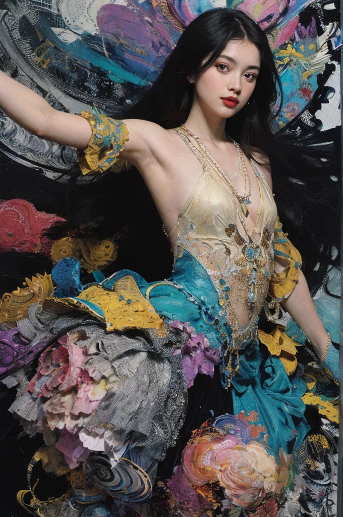 (Masterpiece, Highest quality, best quality, official art, beautiful and beautiful:1.2), (1 girl:1.3), very detailed,(fractal art:1.2),colorful,Maximum details,(Zentangle:1.2), (dynamic poses), (abstract background:1.5), (traditional outfit:1.2), (Shiny skin), (many colors:1.4), upper body