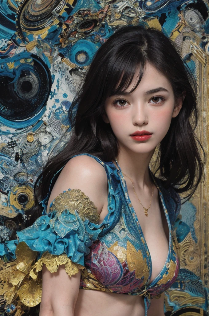 (Masterpiece, Highest quality, best quality, official art, beautiful and beautiful:1.2), (1 girl:1.3), very detailed,(fractal art:1.2),colorful,Maximum details,(Zentangle:1.2), (dynamic poses), (abstract background:1.5), (traditional outfit:1.2), (Shiny skin), (many colors:1.4), upper body