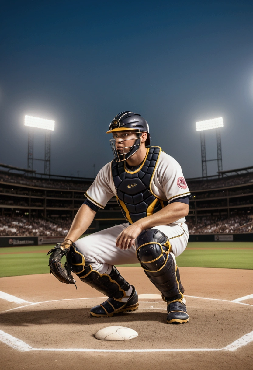 (Baseball Player), The baseball first baseman stands next to first base, his gloves firmly placed on his chest, and his focused gaze ready to react at any time. The background is the baseball field, focusing on their focused expressions and posture ready to receive the ball, full body, award-winning, cinematic still, emotional, vignette, dynamic, vivid, (masterpiece, best quality, Professional, perfect composition, very aesthetic, absurdres, ultra-detailed, intricate details:1.3)