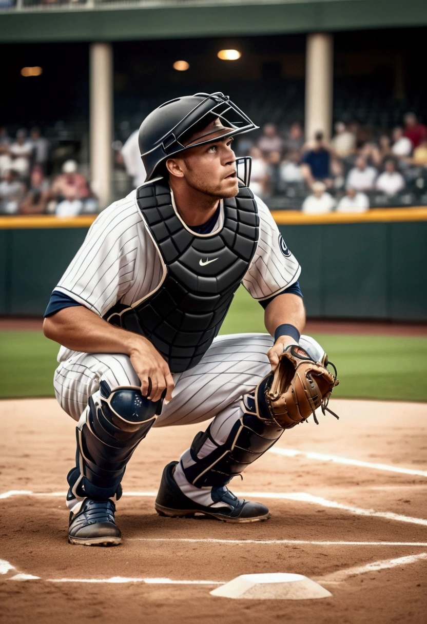 (Baseball Player), The baseball catcher crouches behind home plate, communicating with the pitcher through gestures and eye contact, directing the pace of the game against the backdrop of a bustling baseball field, full body, award-winning, cinematic still, emotional, vignette, dynamic, vivid, (masterpiece, best quality, Professional, perfect composition, very aesthetic, absurdres, ultra-detailed, intricate details:1.3)