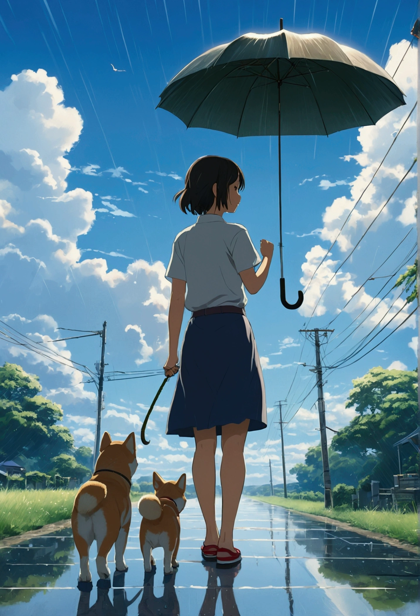 Makoto Shinkai Taste, Beautiful sky, rainy season,Umbrella,Shiba Inu Puppy, Girl with shoes,Romantic Landscape, Healing scenes,hope, Summer Morning,Makoto Shinkai Taste,Detailed Description,