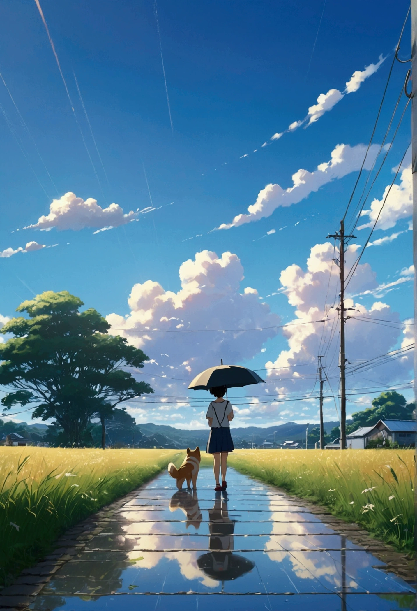 Makoto Shinkai Taste, Beautiful sky, rainy season,Umbrella,Shiba Inu Puppy, Girl with shoes,Romantic Landscape, Healing scenes,hope, Summer Morning,Makoto Shinkai Taste,Detailed Description,