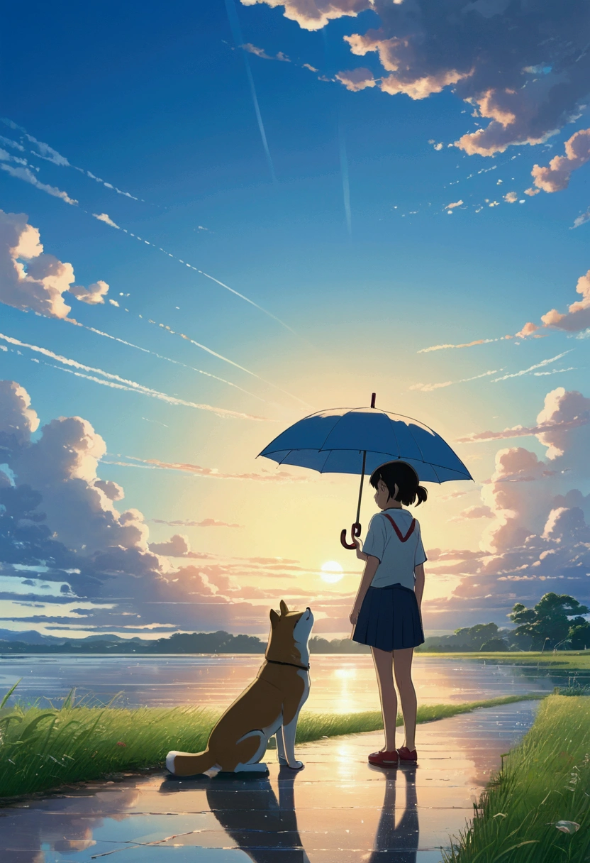 Makoto Shinkai Taste, Beautiful sky, rainy season,Umbrella,Shiba Inu Puppy, Girl with shoes,Romantic Landscape, Healing scenes,hope, Summer Morning,Makoto Shinkai Taste,Detailed Description,
