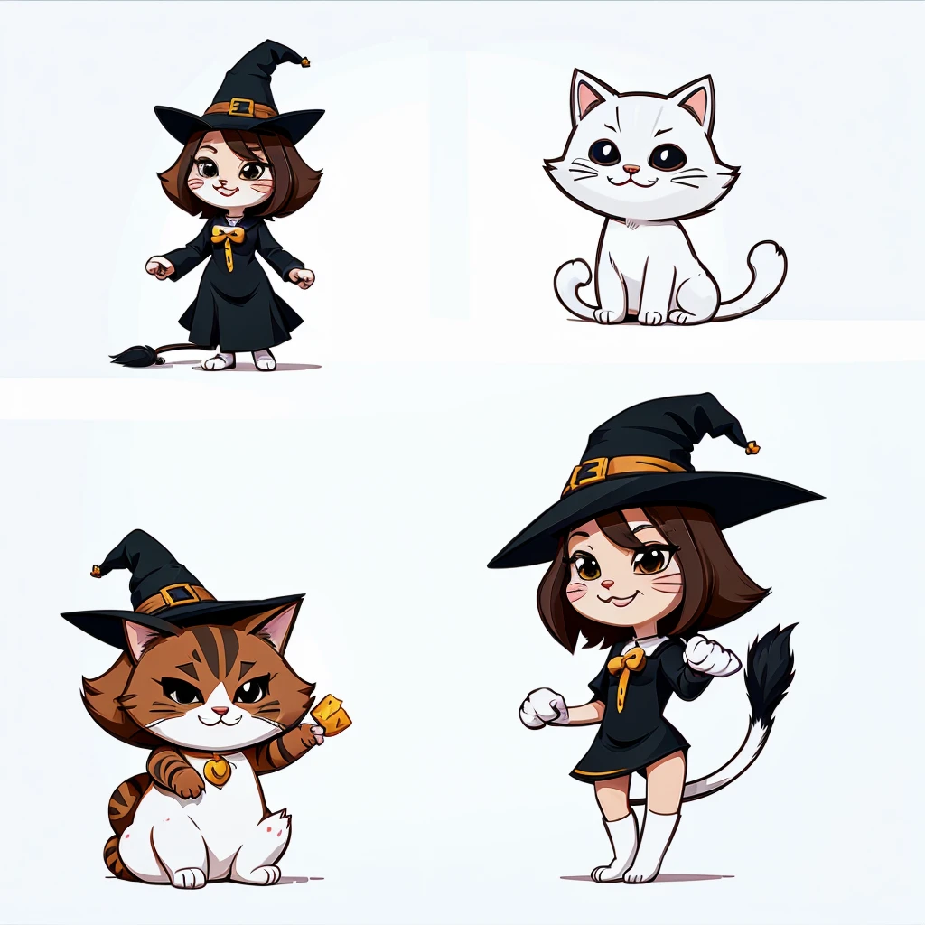 Stylized cartoon mascot, vector flat logo, simple lines, cute cartoon illustration, funny, white backdrop, a cat become a witch