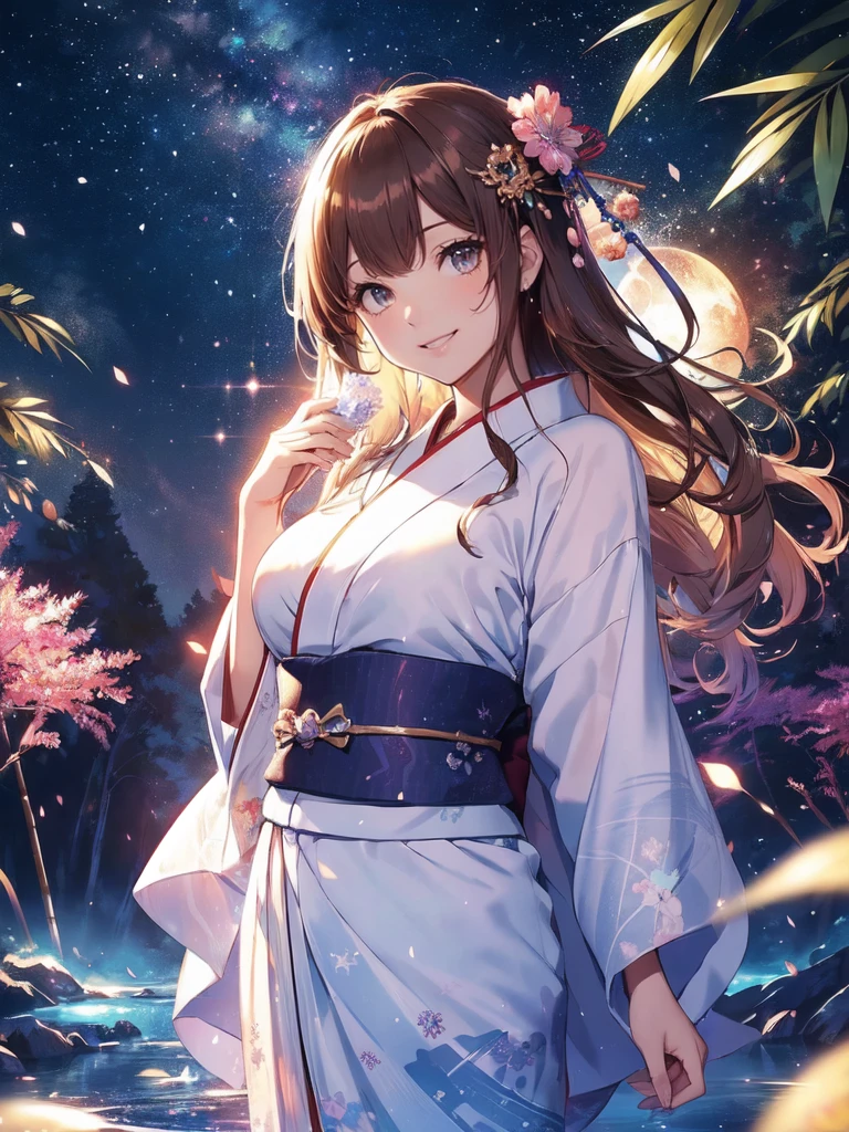 最high quality、1 woman beautifuhime、Altair、(( cowboy shot  ))((Summer Yukata))'((Japanese_yukata))、beautiful瞳、tears、、beautiful装飾、Hairpin、Bamboo、Bambooの葉、、Star World、Summer Nights in Japan、Milky Way Galaxy、最high quality , fractal beautiful、　((Laugh beautifully、))((Glowing ice　))、beautiful顔、Tanabata of Japan、、 beautiful輝き,High-definition depiction, Realistic, 8K, Unity, beautiful、Iridescent、、 light smile, Beautifully and vividly drawn, , beautiful beautiful透き通る肌、輝くbeautiful装飾の魔法、、、beautiful短冊、🎋, beautiful、 Romanticism,, Bambooの葉、bamboo, ,Magical gentle light,smile,,image quality、masterpiece、beautiful顔、Super beautiful woman((Big breasted 22 year old office lady、Bust 120,Beautiful long ironed hair、Brown Hair、height: 165cm。、Esbian、、high quality、、Visual Arts、最high quality、1 woman ,　、light、Beautiful radiance,High-definition depiction, Realistic, 8K, Unity, , light smile, Beautifully and vividly drawn, , Beautiful, beautiful, clear ,   Romanticism,Cowboy Shot:  最high quality　　