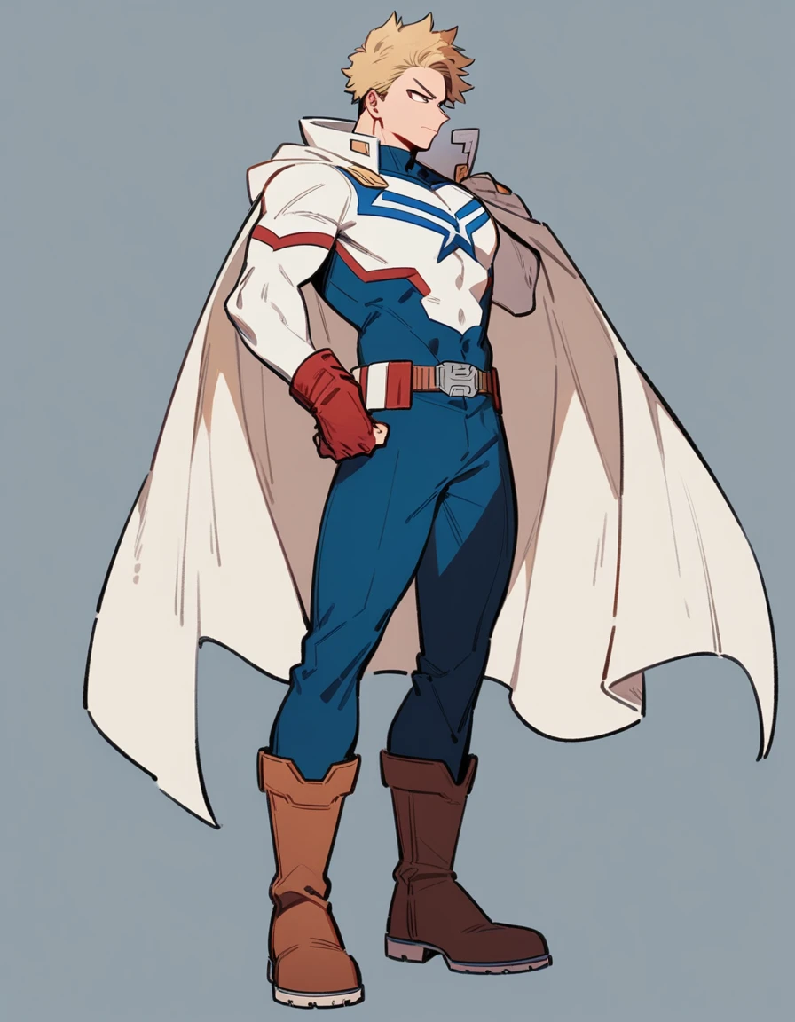 One boy, male focus, brown and blond hair, boku no hero academia, masterpiece, best quality, very aesthetic, red, blue, white super hero suit, cape, boots, captain America like, proportionally anatomical, full body illustration, casual front pose.