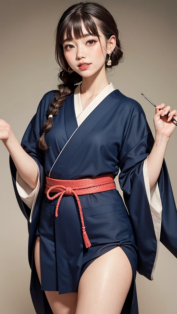 Realistic, masterpiece, Highest quality, Highest Resolution, Anatomically correct, Accurate Anatomy, One Japanese woman, Smile and show your teeth a little., Fine and beautiful eyes, Sparkling eyes, Thin eyebrows, Gives lashes a delicate finish, False eyelashes, (Ukiyo-e Makeup:1.2), (Braided hair, Blunt bangs, Brown Hair:1.2), Detailed face, Sharp Eyes, (Casual Japanese clothing:1.3), (Thick thighs:1.3), Photo taken from the thigh up, Blank background in warm colors