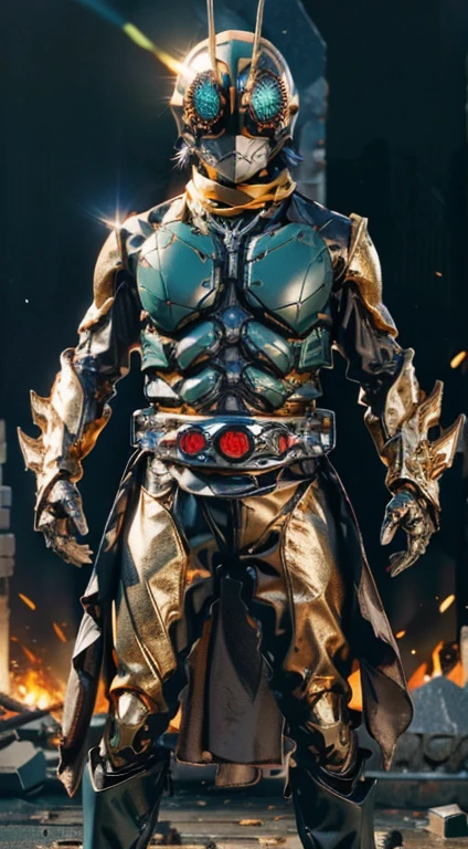 (kamen rider, shinkr), (close up punch to viewer), full body detailed, detailed hands, good fingers, good hands, good legs, scarf, low hood, ruins, floating, explosion, debris, some fire and glitter background, ((gold glowing core in armor)), ultra hd, ultra realistic texture, (flare lens:1.2), (long shot:0.9)