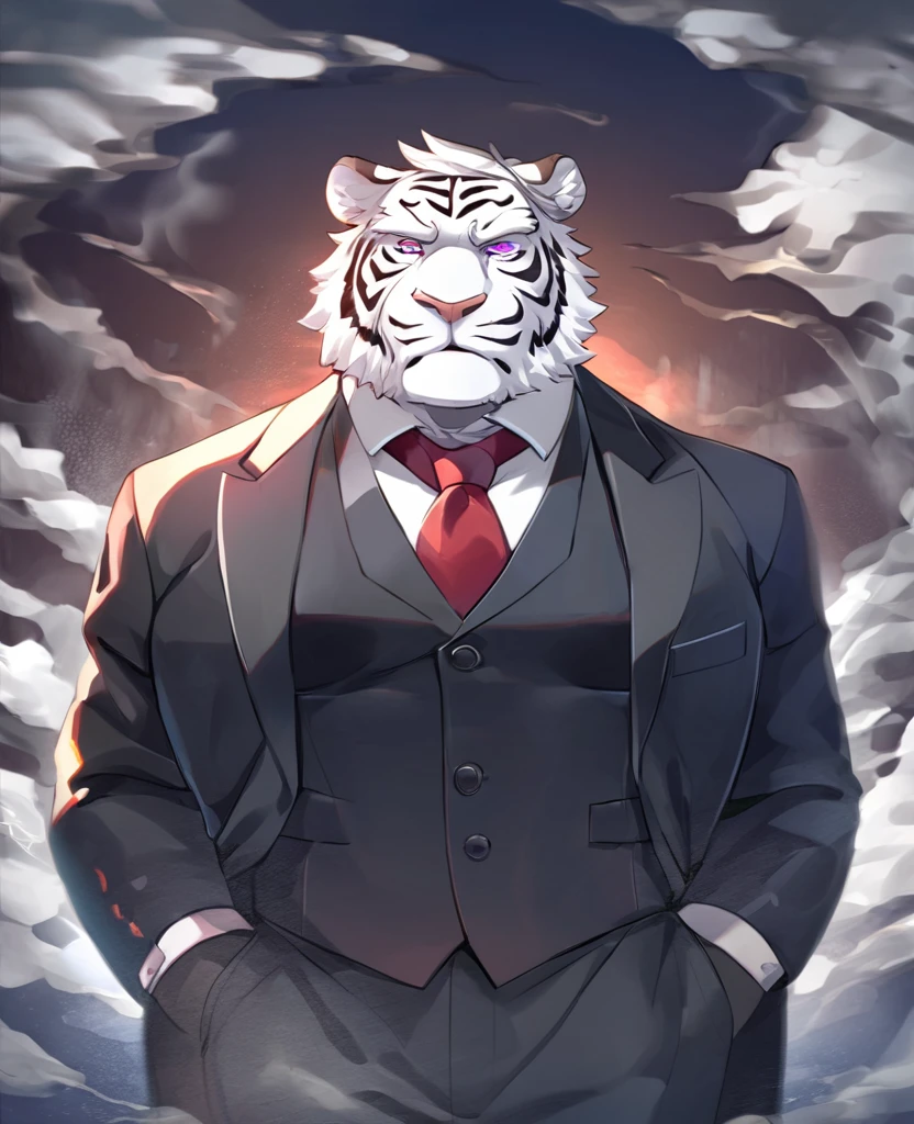 White Tiger,personification,Mature male,Strong Man,White hair,short hair,black strips,Cold expression,Purple pupils,White eyebrows,Black suit suit,Red tie,Hands in pockets,The Age of Steam。