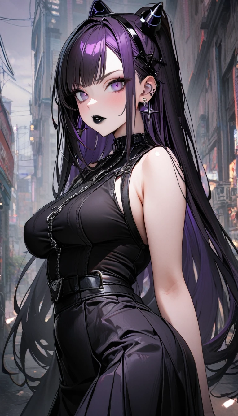 1girl,long straight hair split,green purple eyes,,black high waisted skirt , goth,black lips, perfect body,curvy,spikey hair clips headphones,long cross earrings,8k,high definition ,neutral