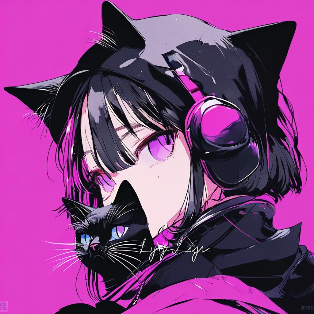 长着黑色长发和紫色眼睛的动漫女孩抱着A black cat, A black cat,Young Girl,Young teenage girl,Emotional girl and her , Portrait of goth cat and girl, Digital illustration style, Beauvot Art Style, Anime style, Anime style插图,Serious expression