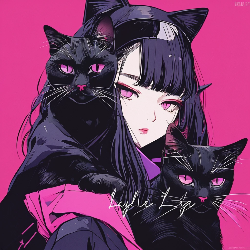 长着黑色长发和紫色眼睛的动漫女孩抱着A black cat, A black cat,Young Girl,Young age girl,Emotional girl and her , Portrait of goth cat and girl, Digital illustration style, Beauvot Art Style, Anime style, Anime style插图,Serious expression