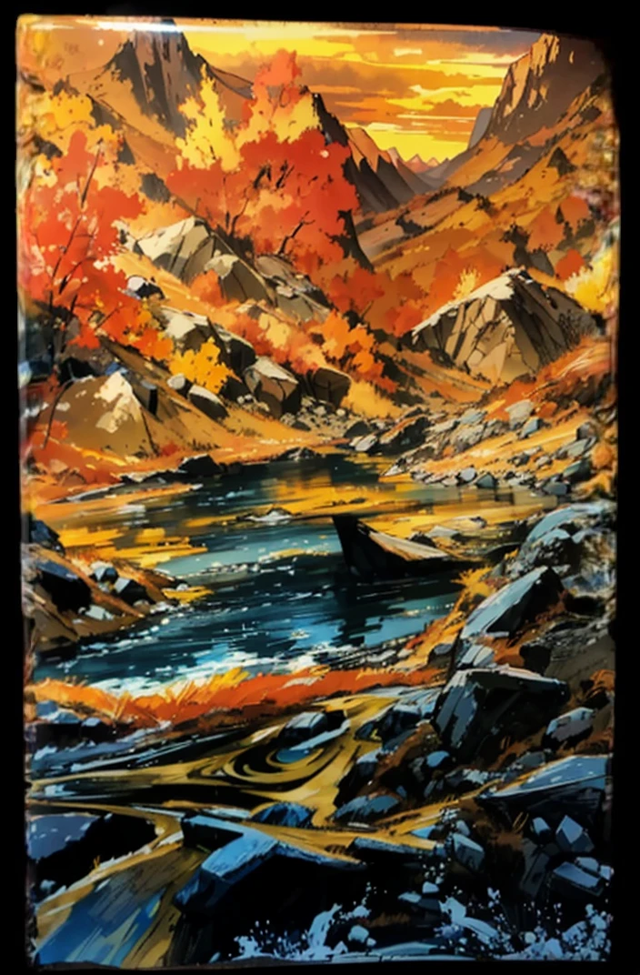 The picture is a martial arts animation style scenery。Earth, mountains and rivers,Beautiful sunset over distant mountains,The river sparkles,terrain changes,The colors are distinct and blended,Clear changes in light and shadow,Silky smooth and delicate watercolor painting
