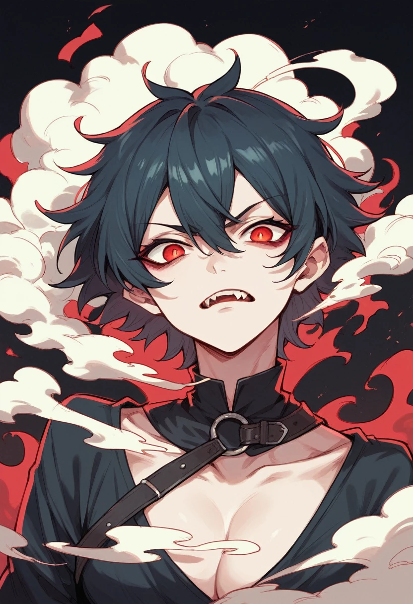 anime character with a demonic face on a black background in smoke