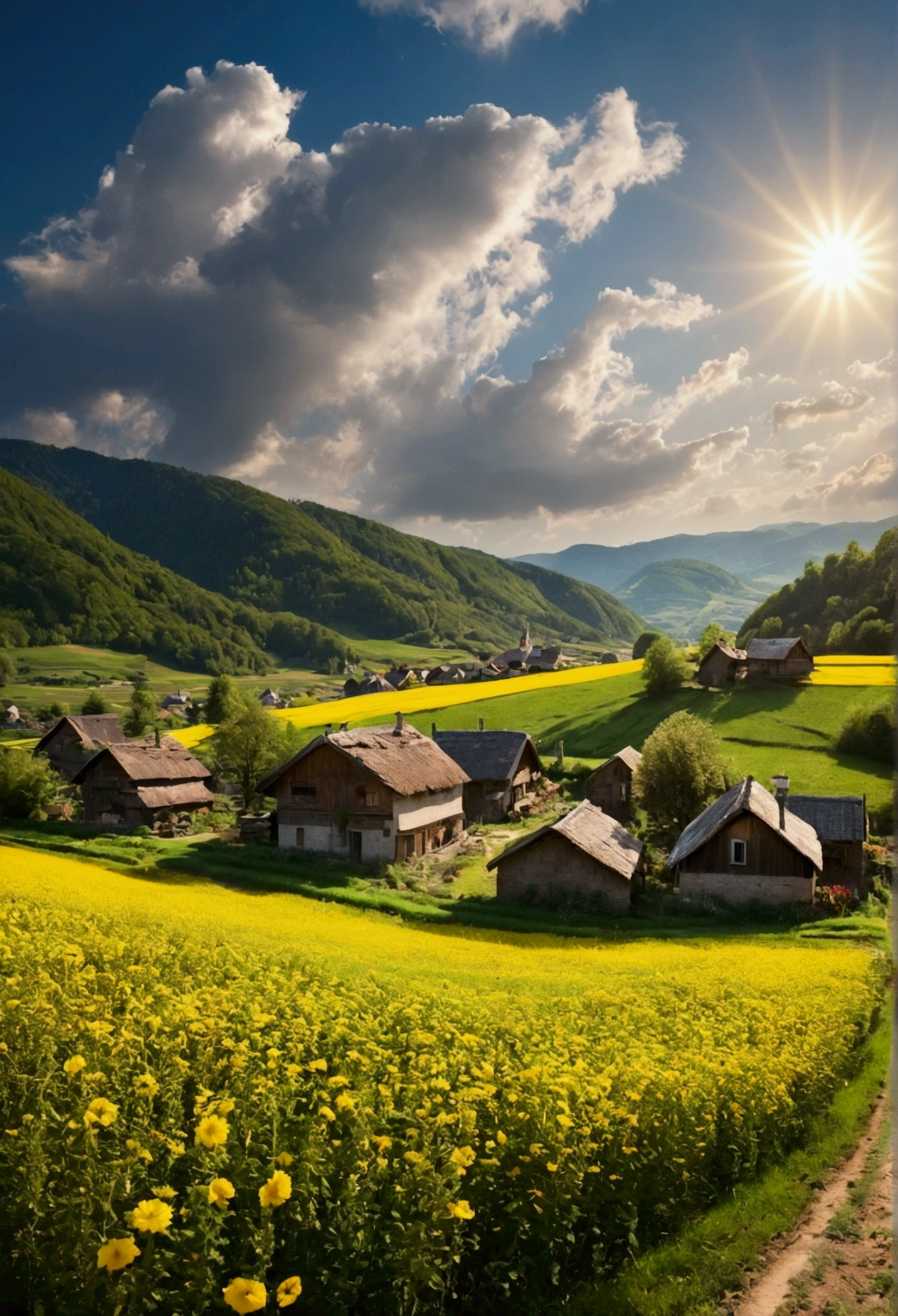 small village in the countryside, Field, Mountain, wood, flower Field, Sky with clouds, The sun shines