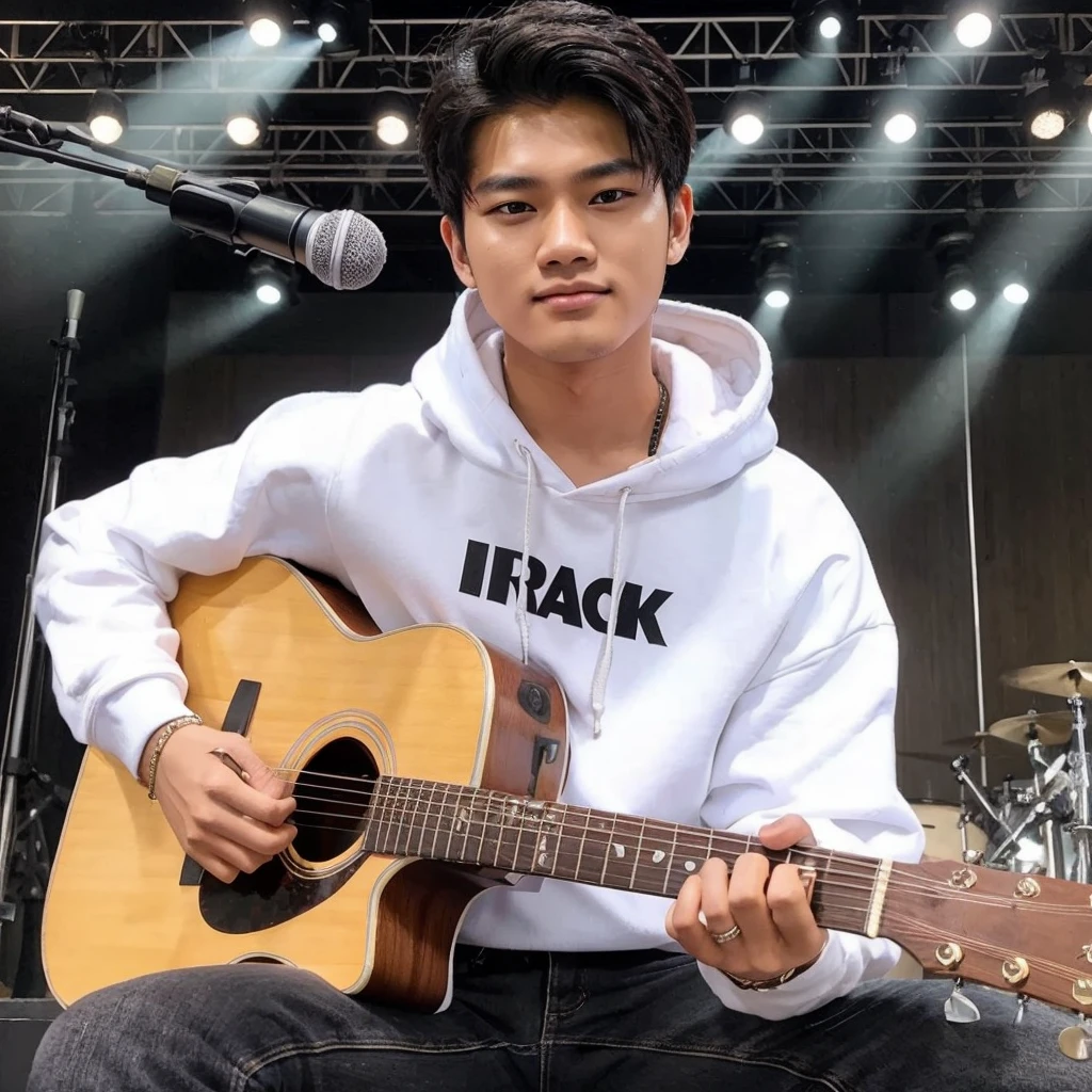 a handsome Indonesian man with a Korean face, 20 years old, wear a branded white hoodie (Irack) long black jeans. was sitting on an artist&#39;s bench on a stage holding a guitar and playing the guitar, both hands holding the guitar while playing it, In front of him was a microphone, as if he were at a concert on a stage, face facing a faint smile, background on a stage, bright atmosphere, the picture is very clear,Real, realistic 32k 