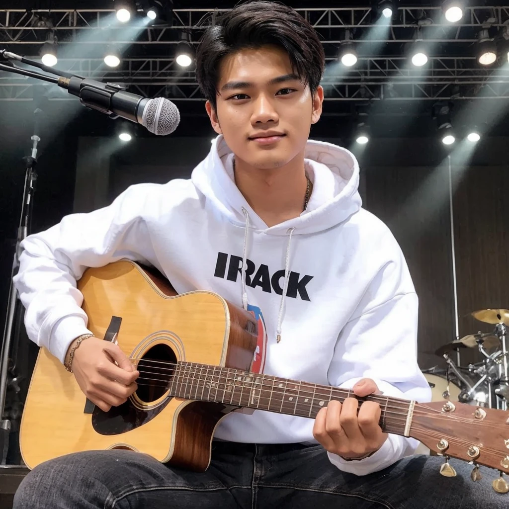 a handsome Indonesian man with a Korean face, 20 years old, wear a branded white hoodie (Irack) long black jeans. was sitting on an artist&#39;s bench on a stage holding a guitar and playing the guitar, both hands holding the guitar while playing it, In front of him was a microphone, as if he were at a concert on a stage, face facing a faint smile, background on a stage, bright atmosphere, the picture is very clear,Real, realistic 32k 