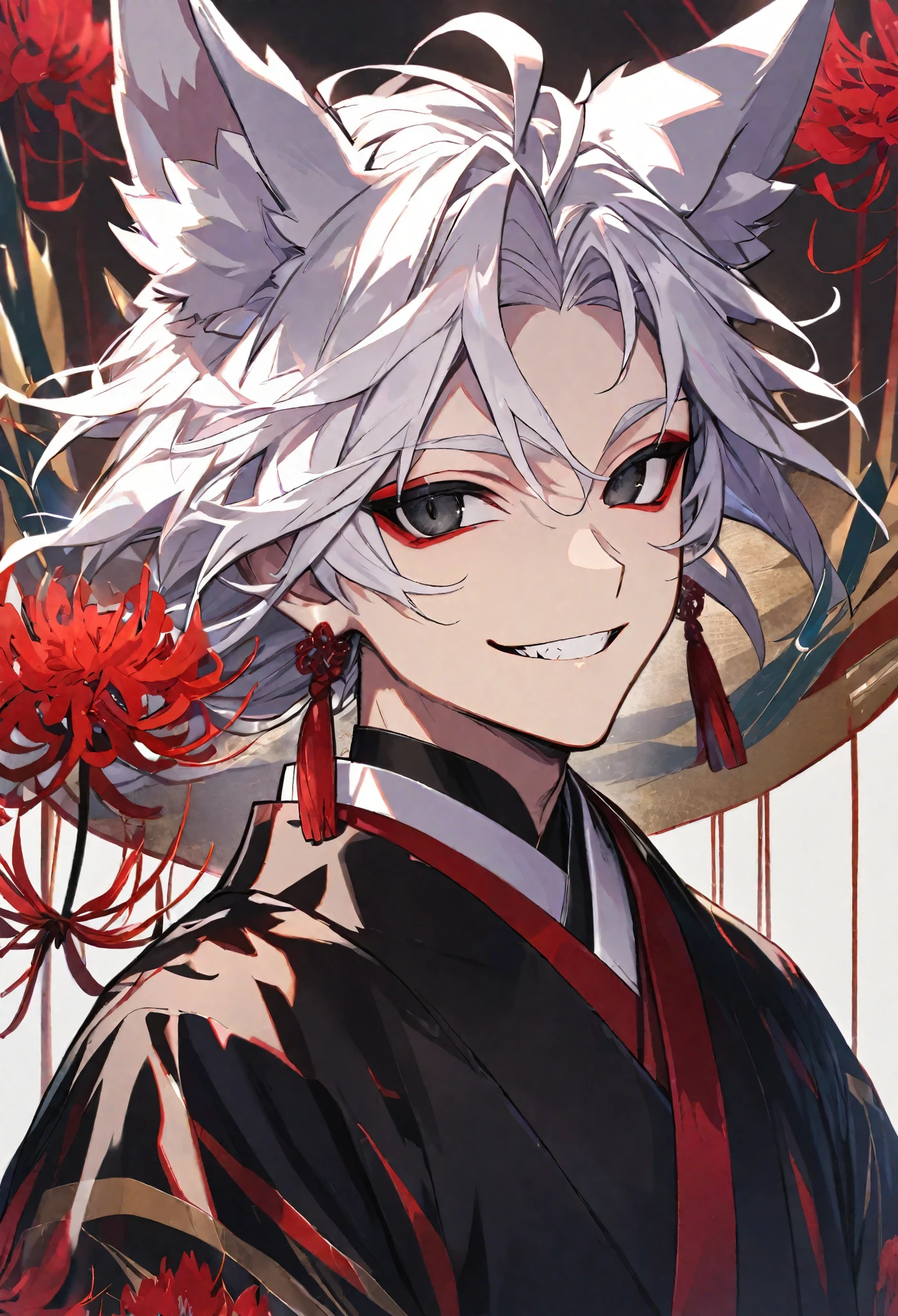 Solo, 1 male, white hair, black eyes, black kimono, fox ears, smile facial, red spider lily, higanbana, red tassel earrings