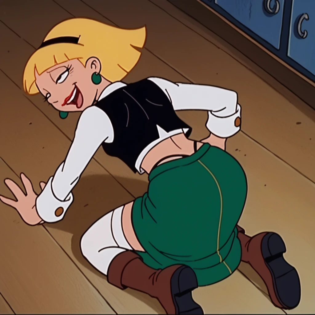 olga pataki, kneeling, blonde, white shirt, black vest, long sleeves, earrings, black headband, retro style, short hair, white thighhighs, smile, green skirt, penis at face, on all fours, brown boots, foreskin, kiss marks, shy, half-closed eyes, open mouth