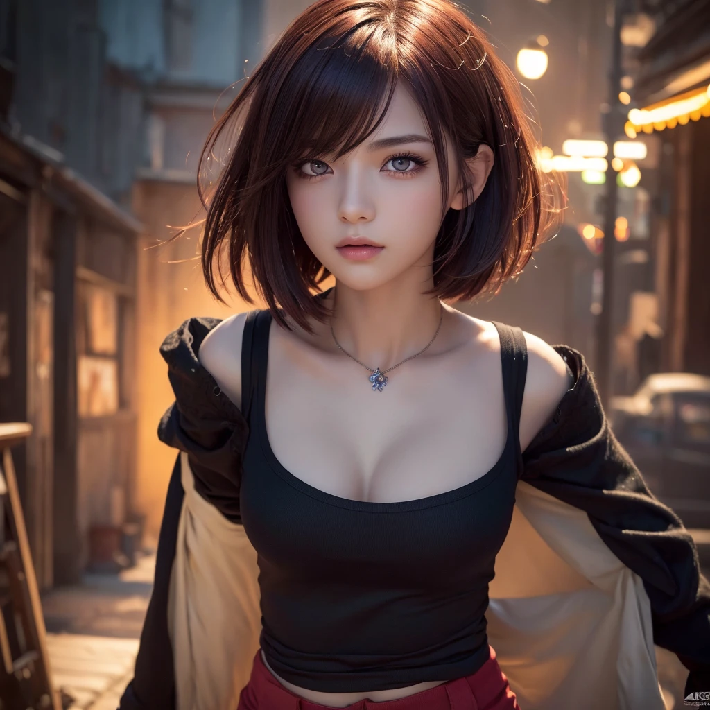 a beautiful anime girl with short red hair, boyish figure, small breasts, wearing a black tank top that reveals her navel and toned abs, in a red long-sleeved top and pants, (best quality,4k,8k,highres,masterpiece:1.2),ultra-detailed,(realistic,photorealistic,photo-realistic:1.37),highly detailed face, beautiful detailed eyes,beautiful detailed lips,extremely detailed eyes and face,longeyelashes,intricate details,vivid colors,cinematic lighting,dramatic pose,dynamic composition,digital art,anime style