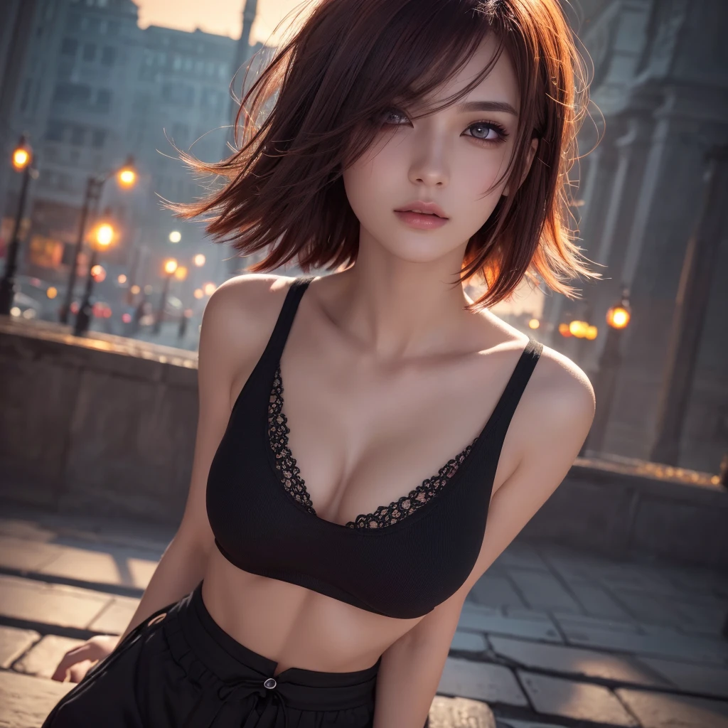 a beautiful anime girl with short red hair, boyish figure, small breasts, wearing a black tank top that reveals her navel and toned abs, in a red long-sleeved top and pants, (best quality,4k,8k,highres,masterpiece:1.2),ultra-detailed,(realistic,photorealistic,photo-realistic:1.37),highly detailed face, beautiful detailed eyes,beautiful detailed lips,extremely detailed eyes and face,longeyelashes,intricate details,vivid colors,cinematic lighting,dramatic pose,dynamic composition,digital art,anime style