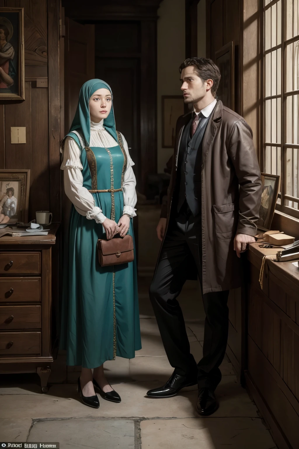 man looking for his value in a lot of material things, while a modest woman next to him feels ashamed of her body and looks at him with disappointment in Renaissance painting