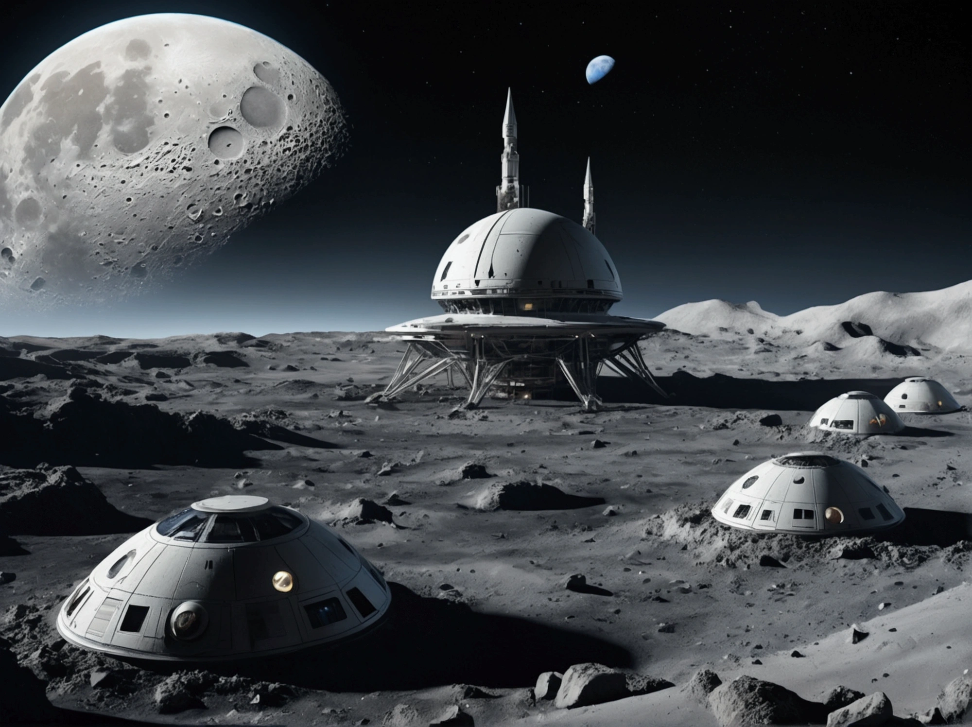 (8k, 16k, highest quality, photorealistic, raw photo, award winning, high resolution, high definition, masterpiece: 1.3) Colonies once built on the moon, ruins on the moon, old colonies, the first colonies built on the moon A decaying white colony that is considered to be the ruins of a future world, a future moon surface, a well-maintained moon surface, a space city, a failure to migrate to the moon, a tourist destination in the future, the earth visible in the distance, and the latest developments near the colony. a spaceship is landing