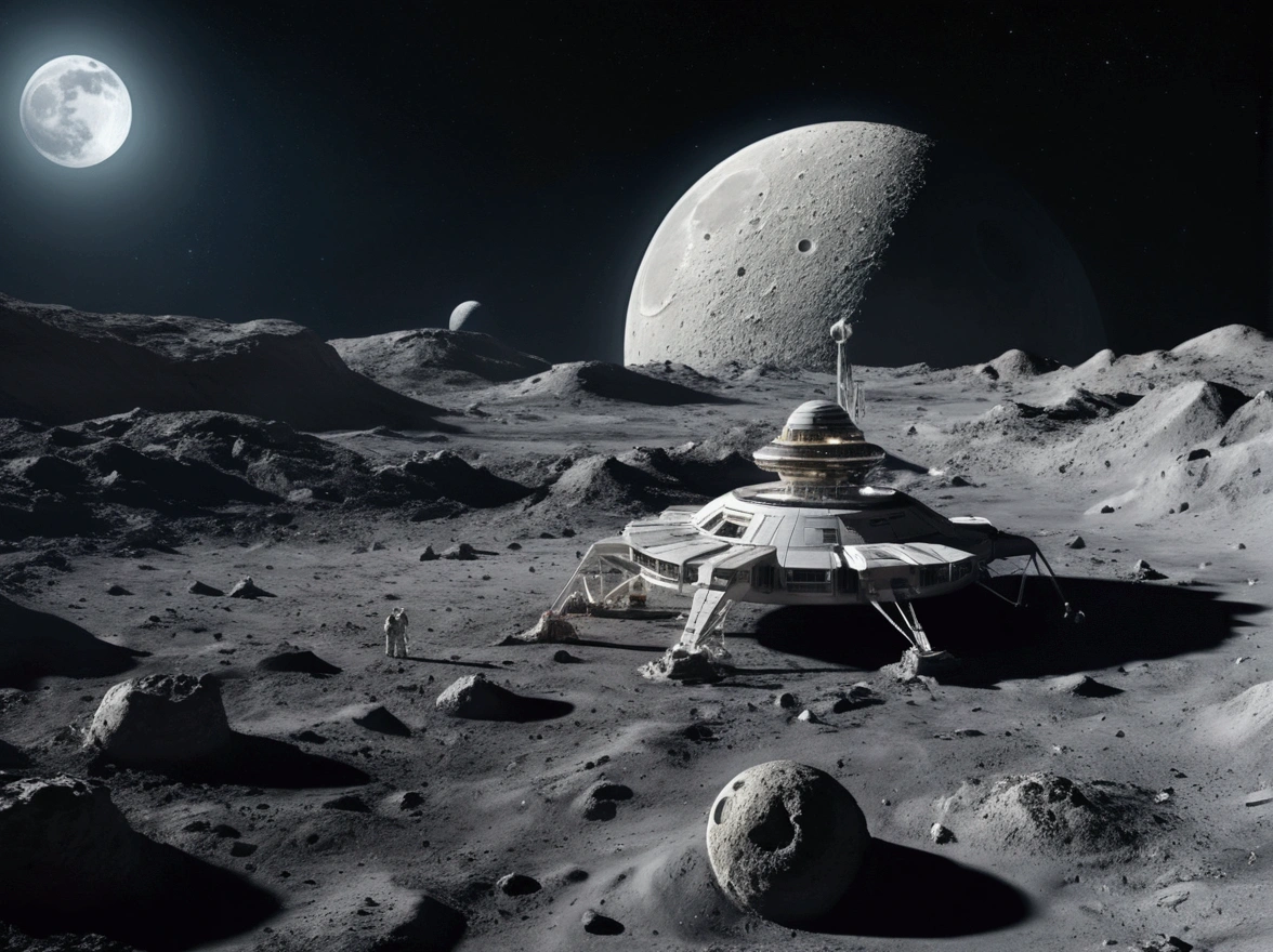 (8k, 16k, highest quality, photorealistic, raw photo, award winning, high resolution, high definition, masterpiece: 1.3) Colonies once built on the moon, ruins on the moon, old colonies, the first colonies built on the moon A decaying white colony that is considered to be the ruins of a future world, a future moon surface, a well-maintained moon surface, a space city, a failure to migrate to the moon, a tourist destination in the future, the earth visible in the distance, and the latest developments near the colony. a spaceship is landing