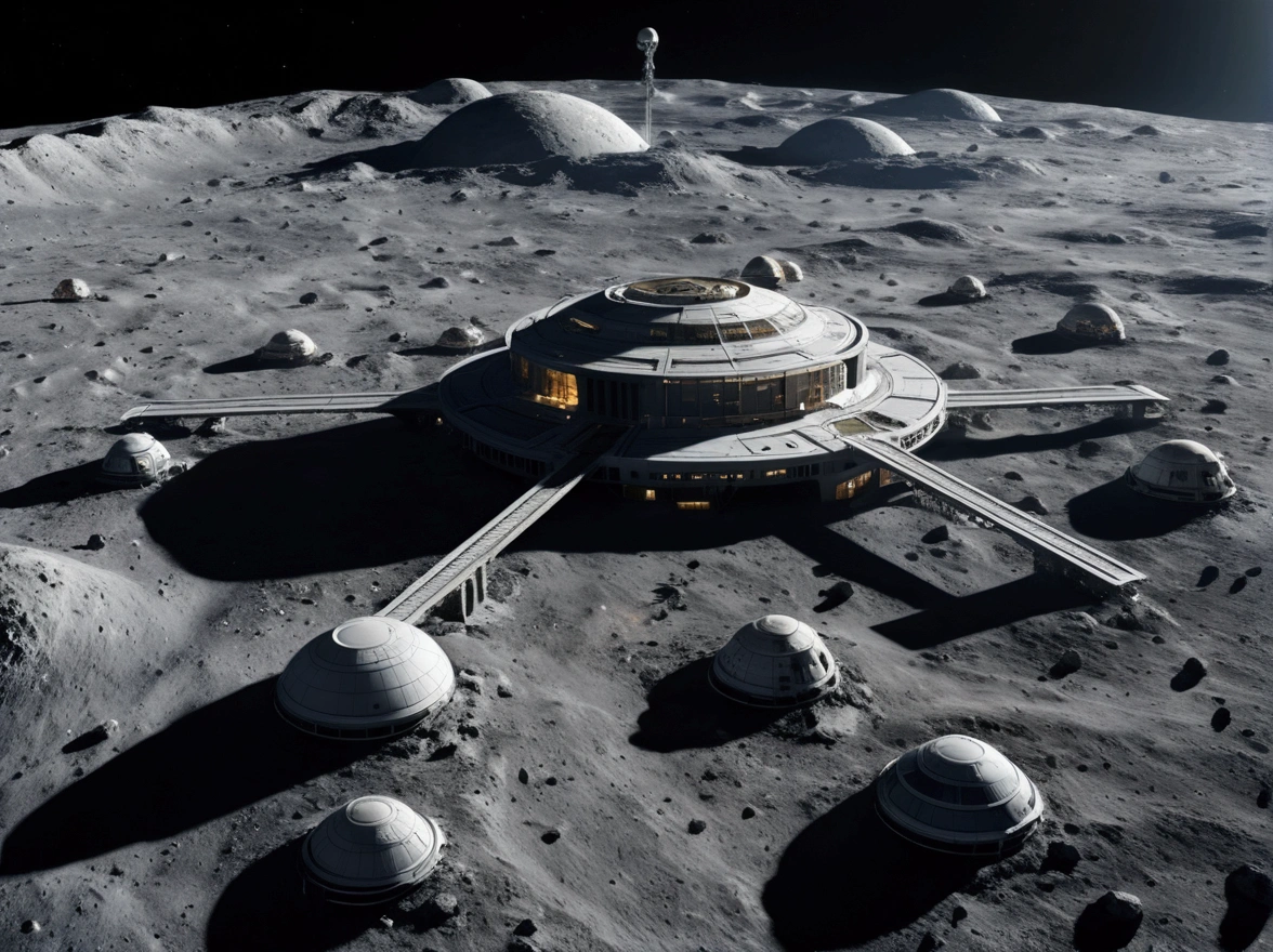 (8k, 16k, highest quality, photorealistic, raw photo, award winning, high resolution, high definition, masterpiece: 1.3) Colonies once built on the moon, ruins on the moon, old colonies, the first colonies built on the moon A decaying white colony that is considered to be the ruins of a future world, a future moon surface, a well-maintained moon surface, a space city, a failure to migrate to the moon, a tourist destination in the future, the earth visible in the distance, and the latest developments near the colony. a spaceship is landing