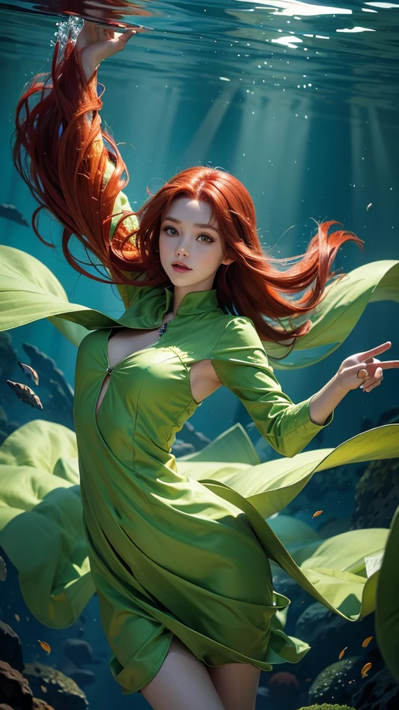 Red-haired green-eyed girl dancing in a long color scheme underwater - AR 2:3 - Stylized as 555 - V 6