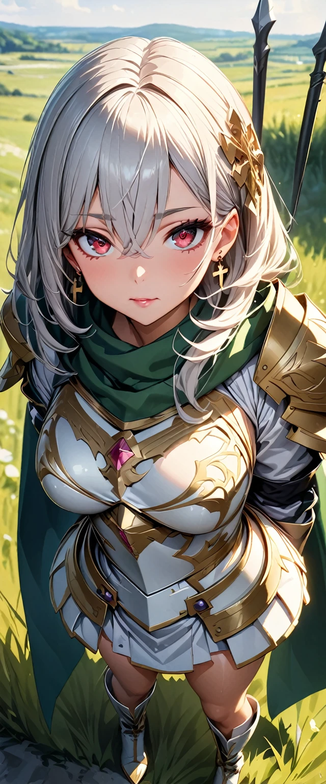 (Perfect Anatomy)、Mastepiece、Ultra High Quality、 8K、masterpiece、Highest quality、Ultra-high resolution、Maximum resolution、Very detailed、Professional Lighting、anime、woman、thin、Very beautiful face、Beautiful eyes、(Highly detailed eye)、Highly detailed face、White armor，Cross earrings，Gray Hair, hairs between eyes, Red eyes，White leotard、Gloss Lip、Pink Lips、Detailed armor patterns、grassland, full body, (((spear))), armored dress, hair accessory, gold pattern, big shoulder armor, high heels boots, green scarf, Conjuring wind with magic, Creating magical whirlwinds