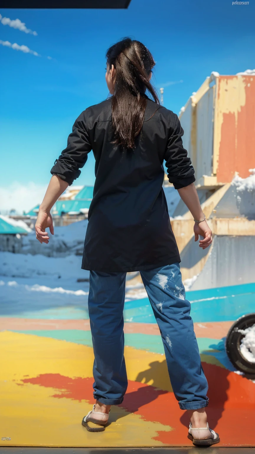 (oil painting, masterpiece, best quality, ultra detailed, focus on charackter, ([back:0.8]|[ face facing backwards:1.1]), serious face, ([cold scenario:1.2]|[ snowy background:1.3]| [high contrast:1.1])  