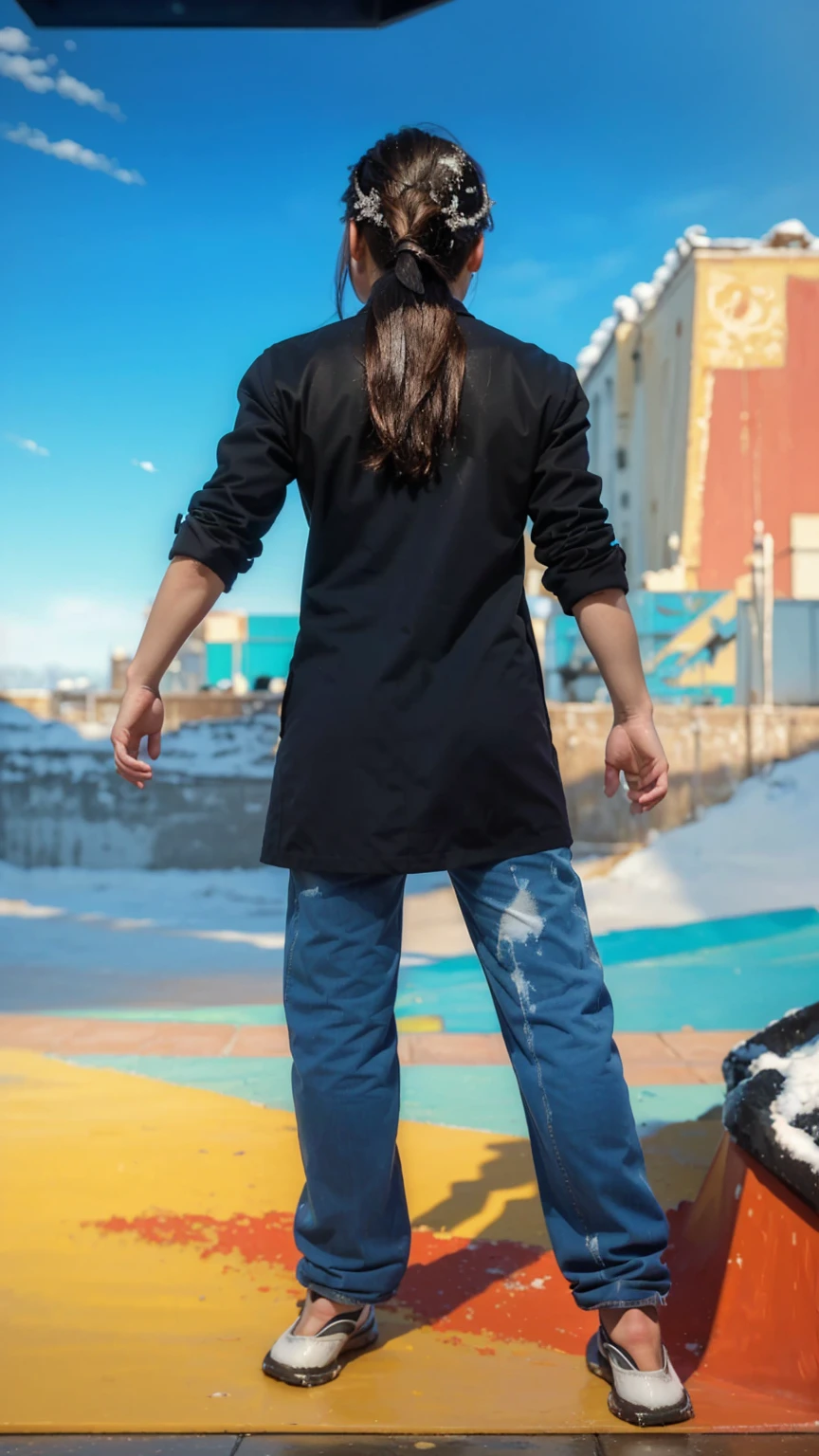 (oil painting, masterpiece, best quality, ultra detailed, focus on charackter, ([back:0.8]|[ face facing backwards:1.1]), serious face, ([cold scenario:1.2]|[ snowy background:1.3]| [high contrast:1.1])  