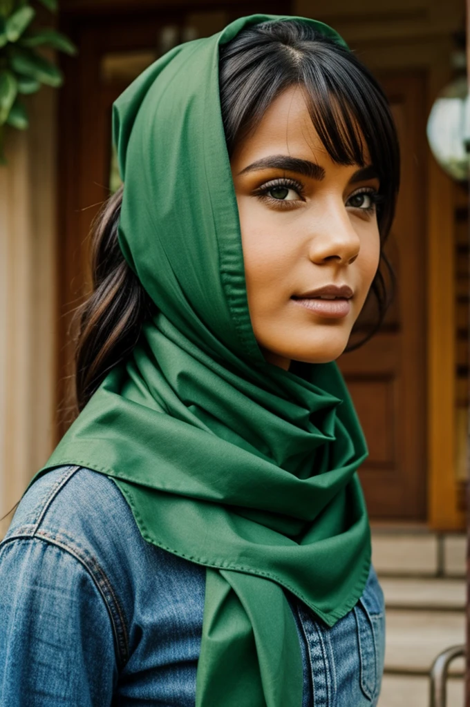 Create a foto a green car and hijab woman