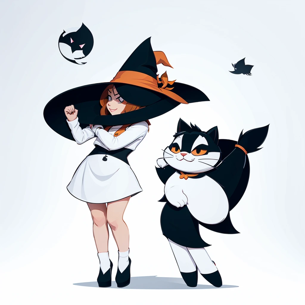 Stylized cartoon mascot, vector flat logo, simple lines, cute cartoon illustration, funny, white backdrop, a cat become a witch